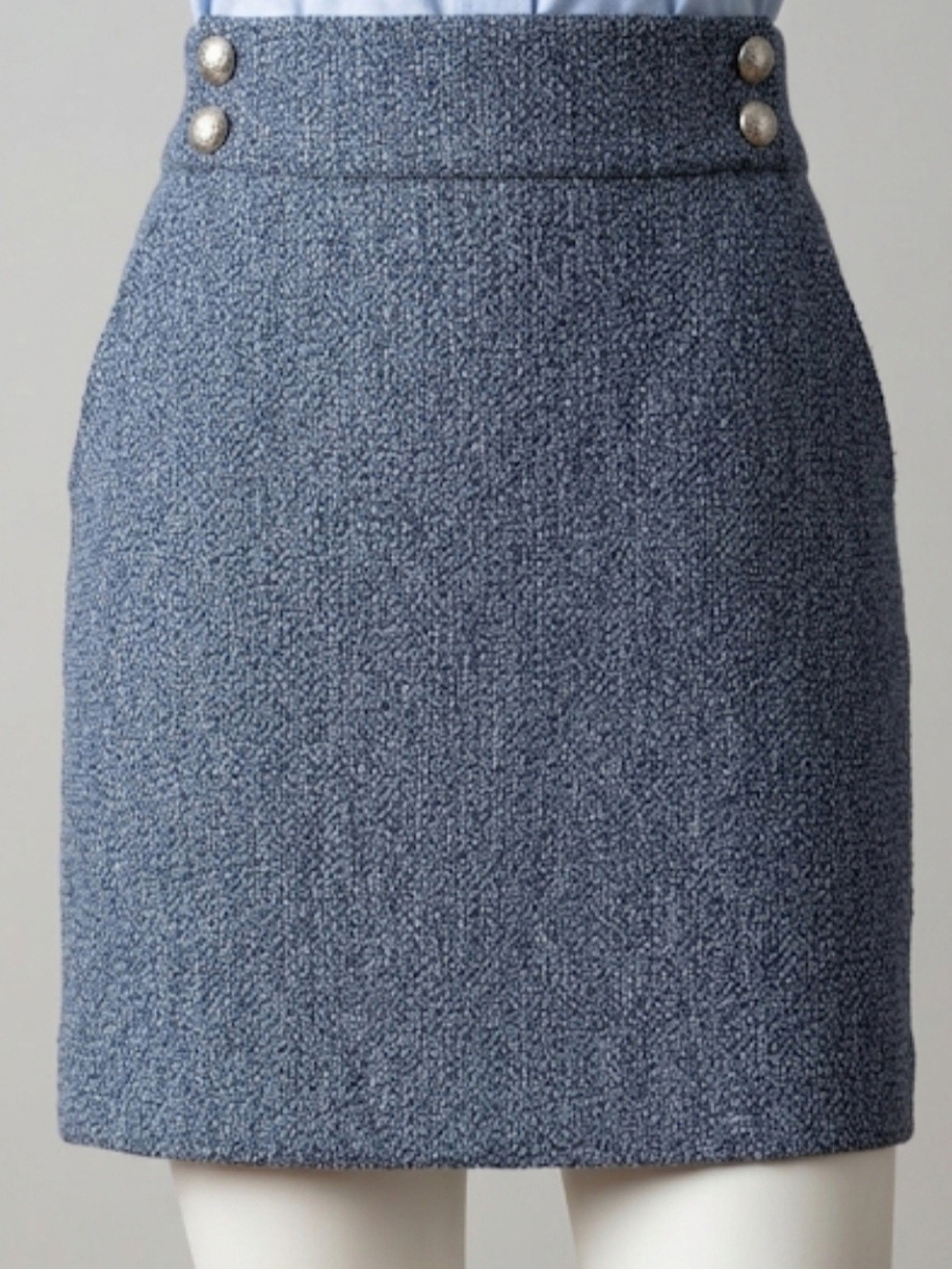 Veronica Beard Navy Bouclé Pencil Skirt with Button Waist Detail